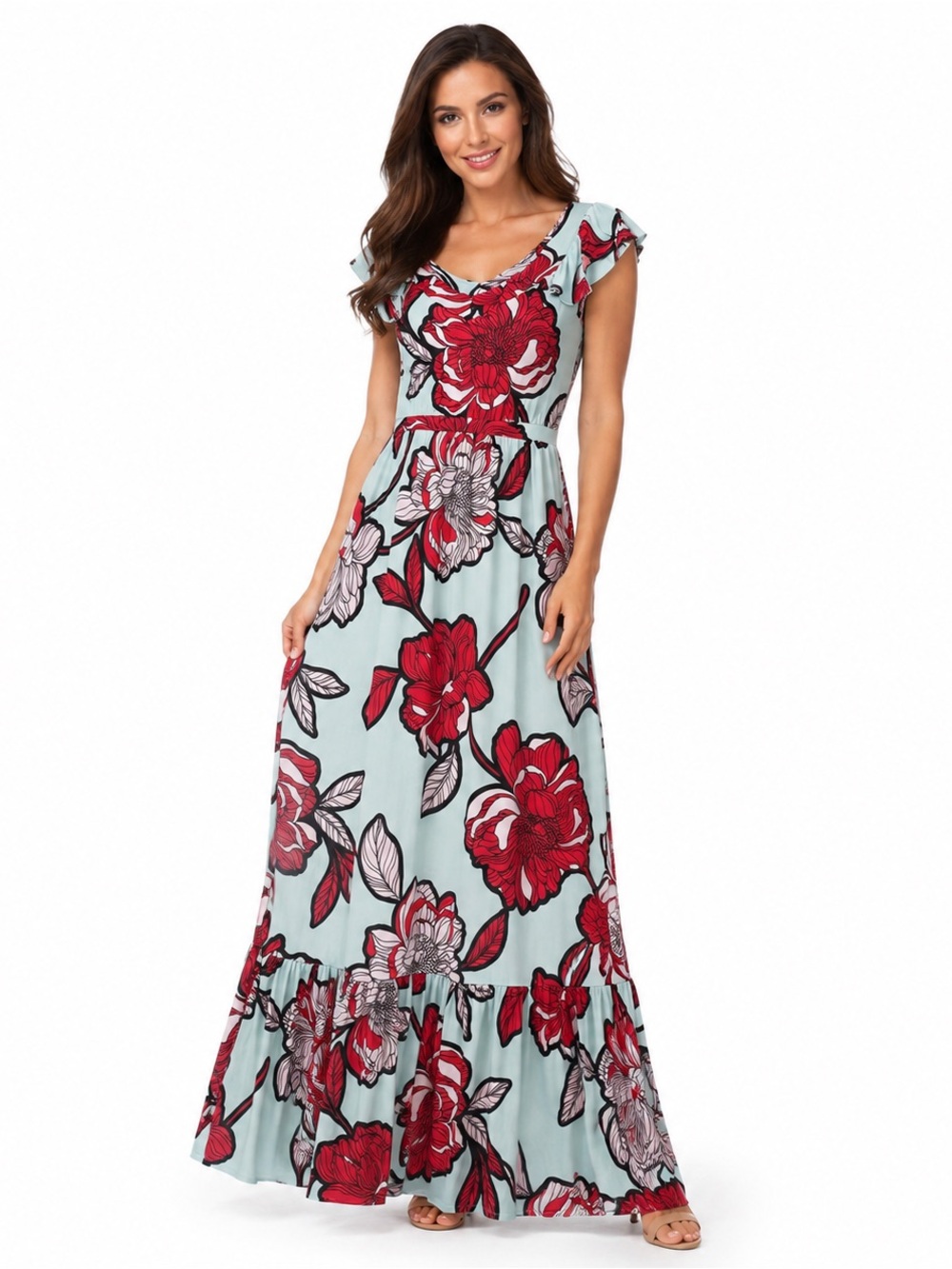 IMAN Global Chic Blue Tint Floral Tiered Maxi Dress Small Tall NWT